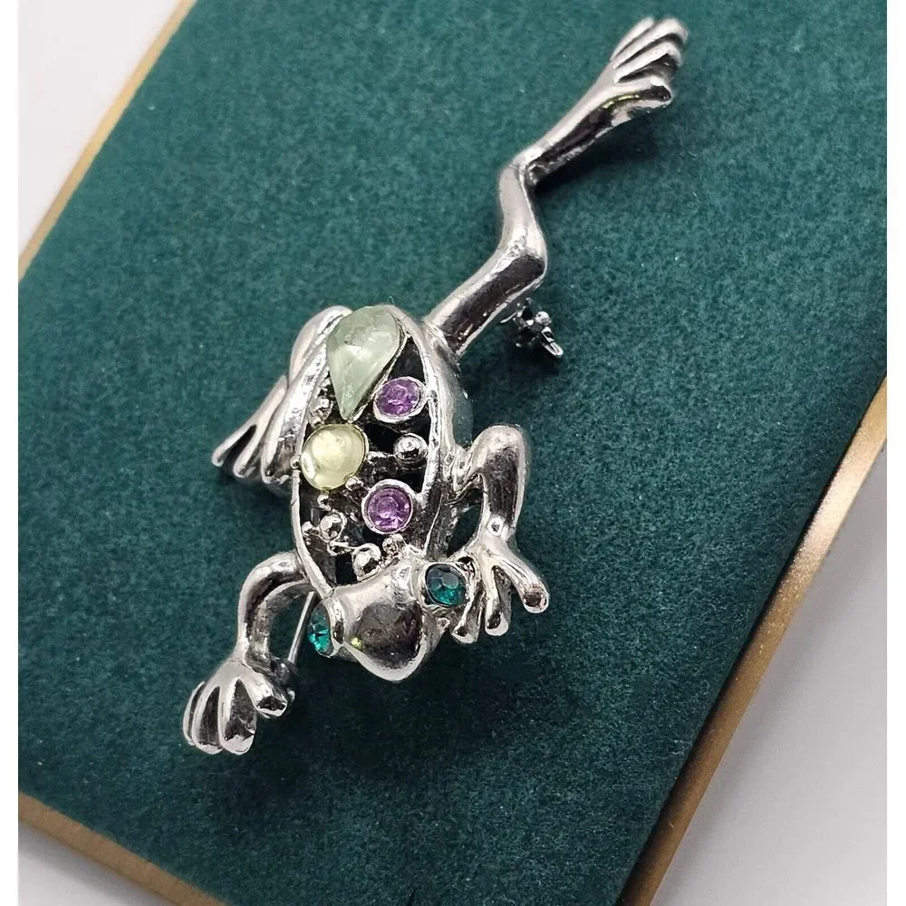 Vintage Silver Tone Multi Color‎ Purple Green Rhinestone Frog Brooch Pin Estate